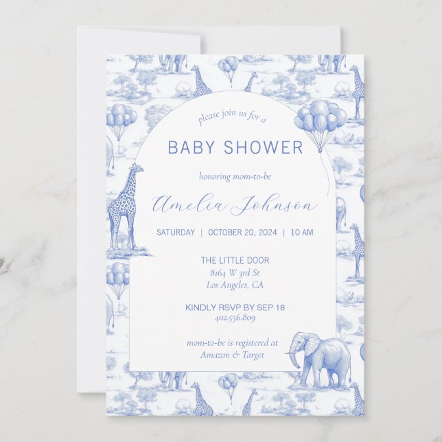 Toile Safari Blue Baby Shower Invitation Animal Einladung (Vorderseite)