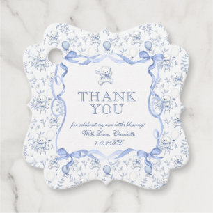 Toile-Teddybär-Staubblau-Babyparty-Dankeschön Geschenkanhänger
