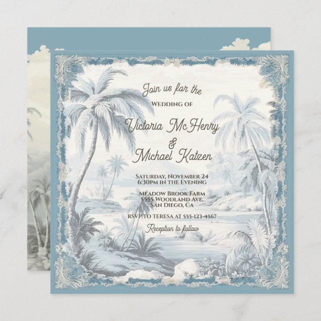 Toile Tropical Palm Trees Island Wedding Einladung (Vorne/Hinten)