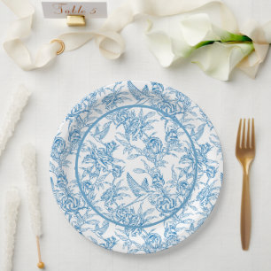 Toile Vogel und Blumenblauer Blauer Baby Dusche I Pappteller