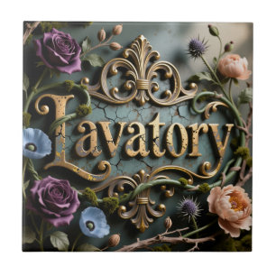 Toiletten-Wort Antique Gold Blumen Schild Fliese