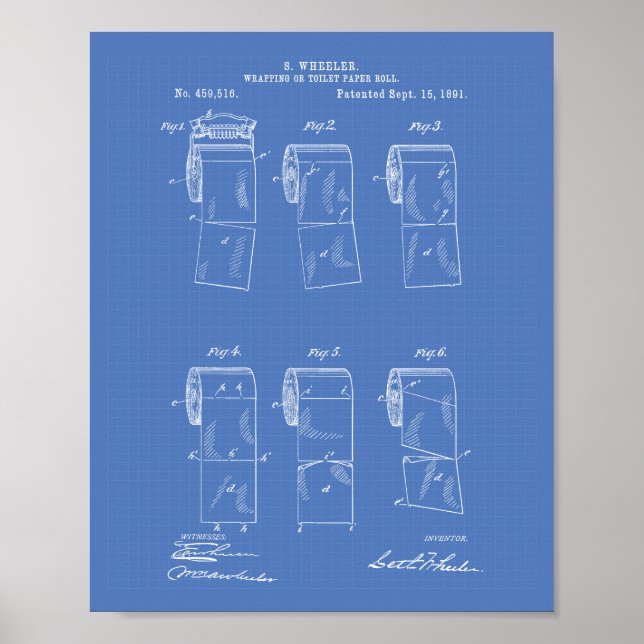 Toilettenpapier Roll 1891 Patentart Blueprint Poster (Vorne)