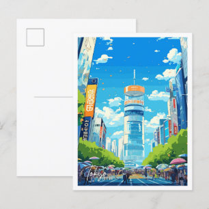 Tokio Japan Kunst Vintage Reise Illustration Postkarte