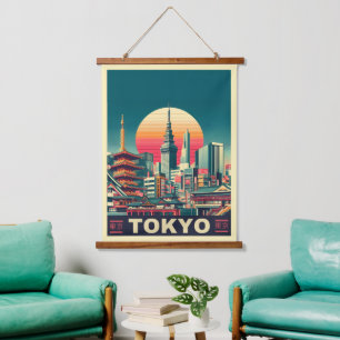 Tokio Japan Reise RETRO Skyline Geschenke Wandteppich Mit Holzrahmen