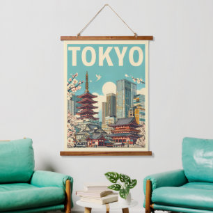 Tokio Japan Reise vintage magnetische Karte Gesche Wandteppich Mit Holzrahmen