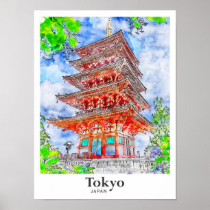 Tokio Japan Reise Wasserfarbe Handgezeichnet Poster