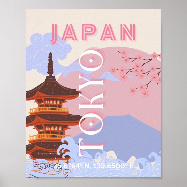 Tokio Japan Reisen Kunst, Retro Reisen Kunst, Rosa Poster (Vorne)