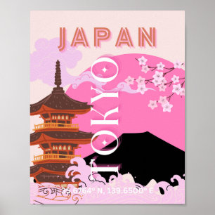 Tokio Japan Reisen Kunst, Retro Reisen Kunst, Rosa Poster