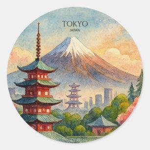 Tokio Japan Stadtlandschaft Aquarell Souvenir Runder Aufkleber