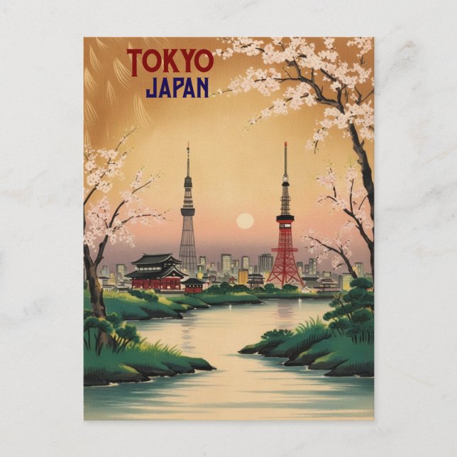 Tokio Japan Vintage Wasserfarbenreise Postkarte (Vorderseite)
