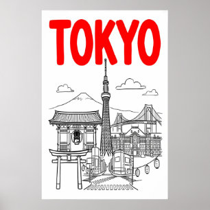 Tokio Stadt Wandkunst Fette rote Schrift mit Ikoni Poster