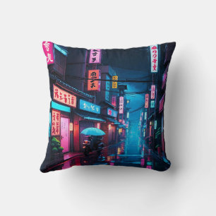 Tokio-Straße bei Nacht LoFi-Kunst  Kissen