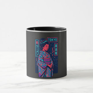 Tokyo Glow Geisha in Neon Straßen Tasse