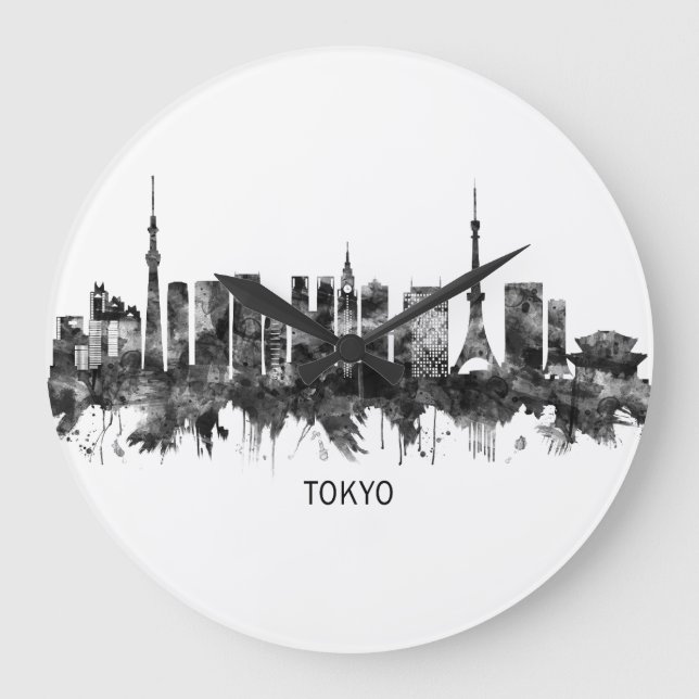 Tokyo Japan Skyline BW Große Wanduhr (Vorderseite)
