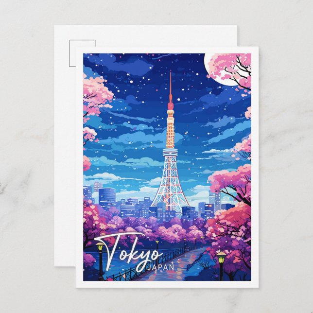 Tokyo Japan Vintag Art Travel Illustration Postkarte (Vorne/Hinten)