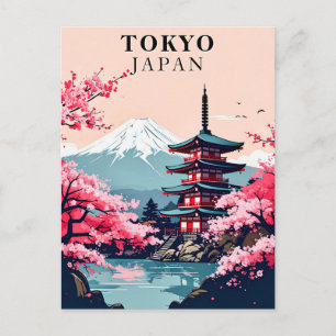 Tokyo Japan Vintag Cherry Blossom Pagoda Travel Postkarte