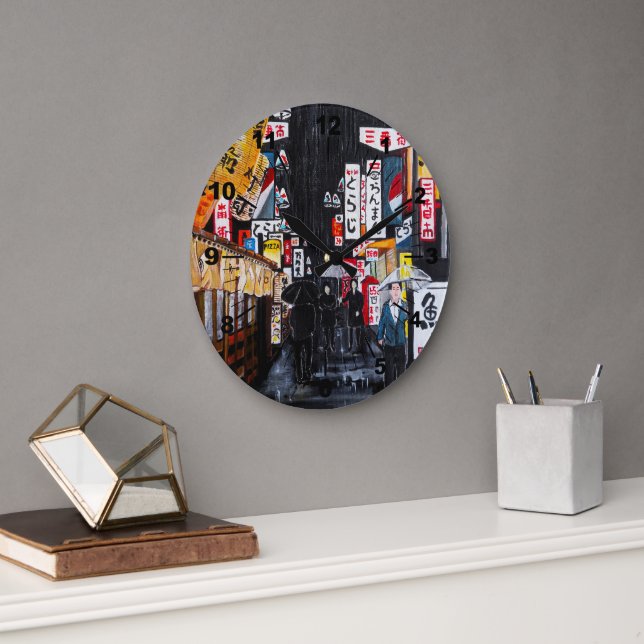 Tokyo Rain Painting by Alfred Fox Große Wanduhr (Büro)