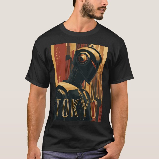 Tokyo Retro Art Deco Poster with Futuristic Robot T-Shirt (Vorderseite)