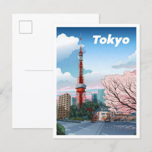 Tokyo Tower Japan Vintag Illustration Travel Postkarte