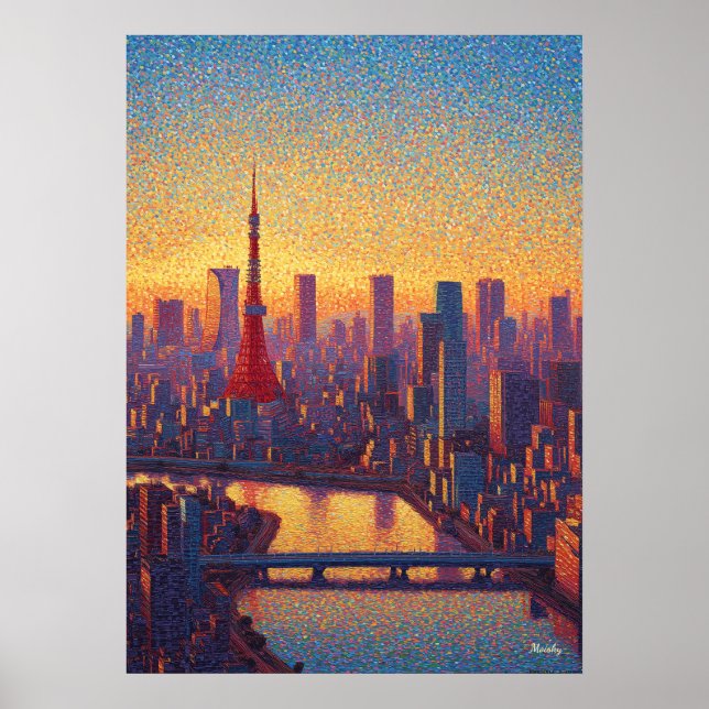 Tokyo Tower Pointillismus-Silhouette Sonnenunterga Poster (Vorne)