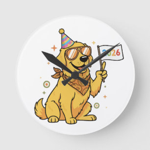 Tolle Party Golden Retriever Hund Frohes neues J Runde Wanduhr