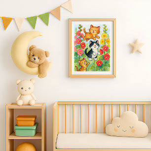 Tollende Landkatzen im Blumengarten Poster