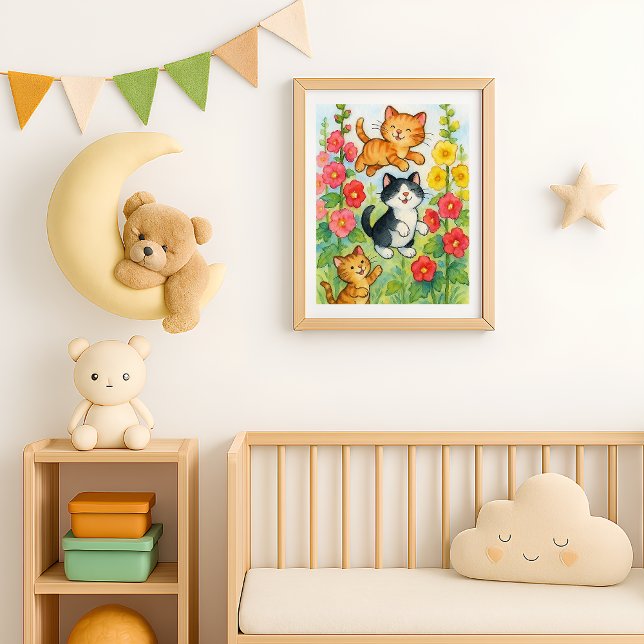 Tollende Landkatzen im Blumengarten Poster (Frolicking Country Cats in Garden poster print in situ)