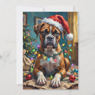 Toller Boxerhund, der in Weihnachtslichtern verhed Feiertagskarte