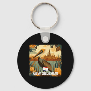 Toller Brauner Pelikan mit New Orleans Farben Schlüsselanhänger