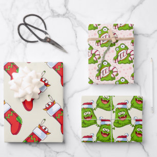 Tolles farbenfrohes Monster-Weihnachtsmuster Geschenkpapier Set