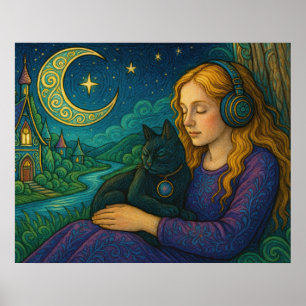 Tolles Mädchen mit schwarzer Katze unter dem Halbm Poster