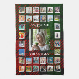 Tolles Oma-Foto-Collage Schwarz-Rot-Tartan Geschirrtuch