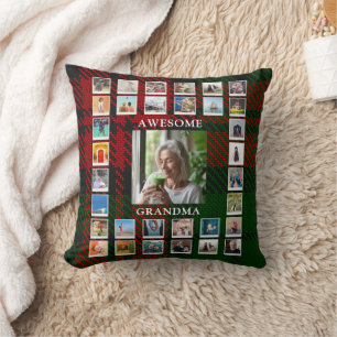 Tolles Oma-Foto-Collage Schwarz-Rot-Tartan Kissen