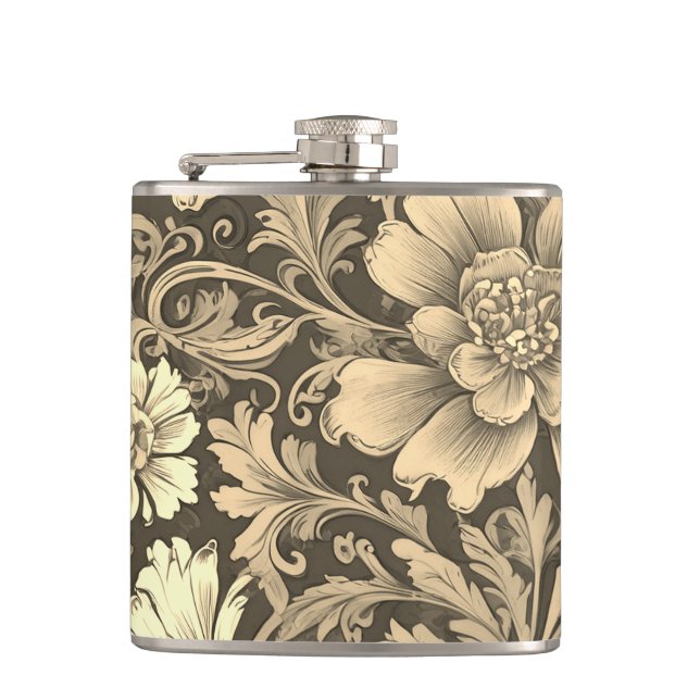 Tolles Vintage-Sepia-Blumenmuster  Flachmann (Vorderseite)