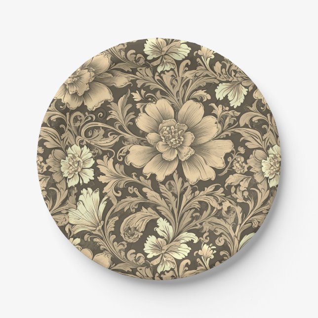 Tolles Vintage-Sepia-Blumenmuster  Pappteller (Vorderseite)