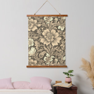 Tolles Vintage-Sepia-Blumenmuster Wandteppich Mit Holzrahmen