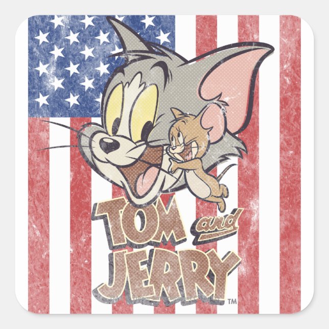 Tom & Jerry mit US-Flagge Quadratischer Aufkleber (Vorderseite)