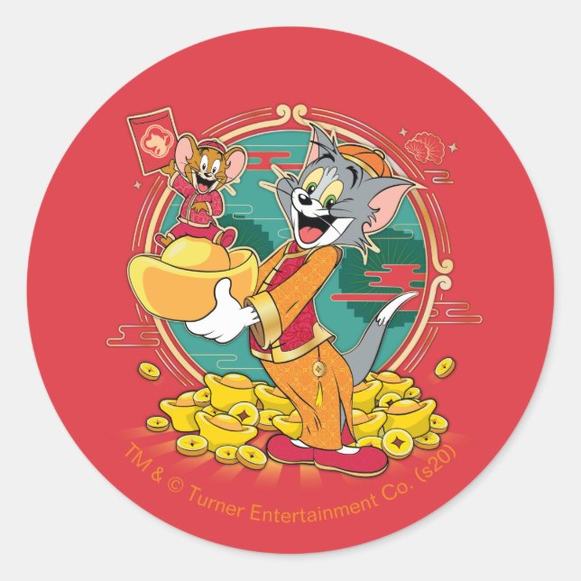 Tom & Jerry New Years Red Envelope Runder Aufkleber (Vorderseite)
