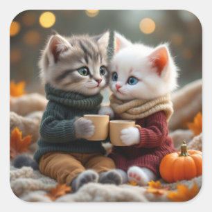 Tom & Luna - Gemütlicher Pumpkin Hug Quadratischer Aufkleber