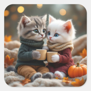 Tom & Luna – Kuschelige Kürbisumarmung Quadratischer Aufkleber