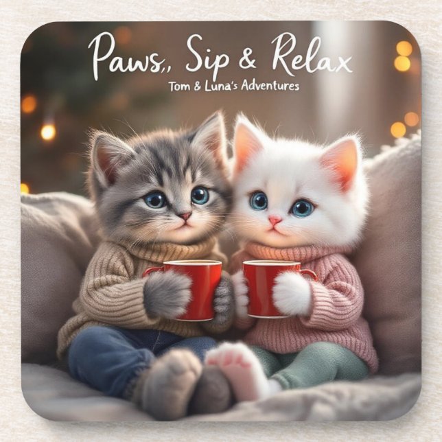 Tom & Luna’s Adventures™ – “Paws, Sip & Relax” Coa Getränkeuntersetzer (Vorderseite)