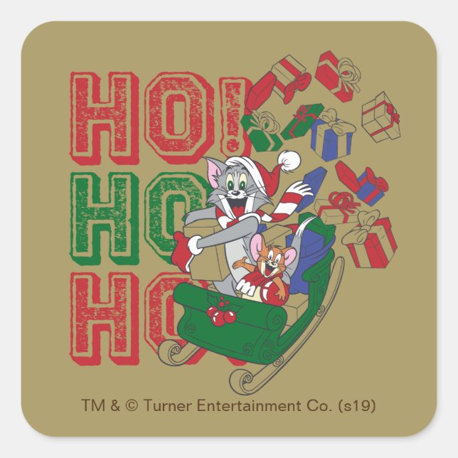 Tom und Jerry liefern Geschenke in einem Schlitten Quadratischer Aufkleber (Vorderseite)