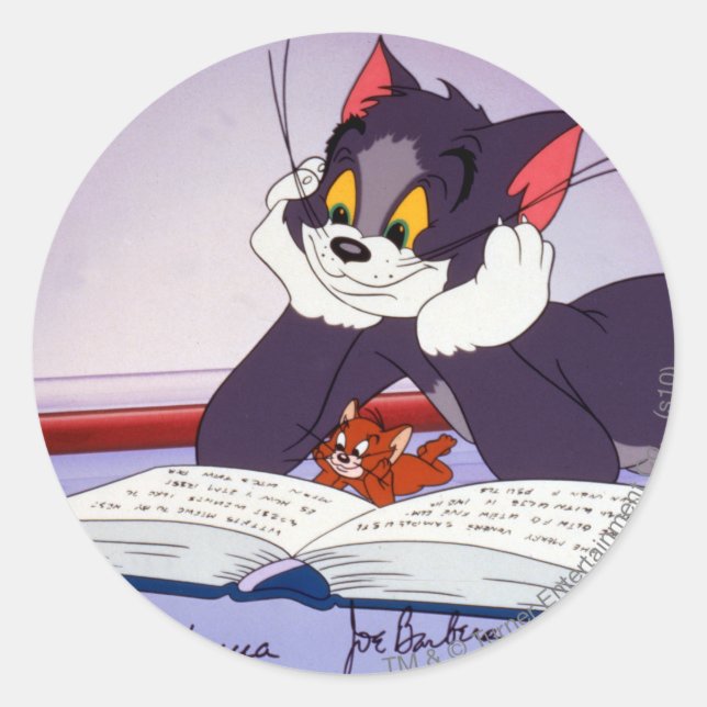 Tom und Jerry Reading Book autograviert Runder Aufkleber (Vorderseite)