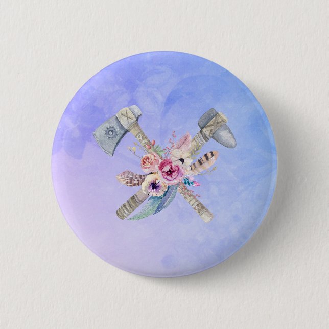 Tomahawk Feathers and Blume Aquarelldesign Button (Vorderseite)