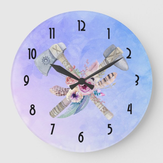 Tomahawk Feathers and Blume Aquarelldesign Große Wanduhr (Vorderseite)