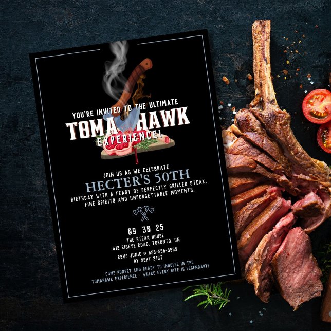 Tomahawk-Geburtstagseinladung Einladung (Bold tomahawk steak birthday invitation with fiery details for a memorable celebration.







)