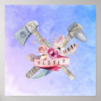 Tomahawk Hammer und Blume Aquarellgestaltung