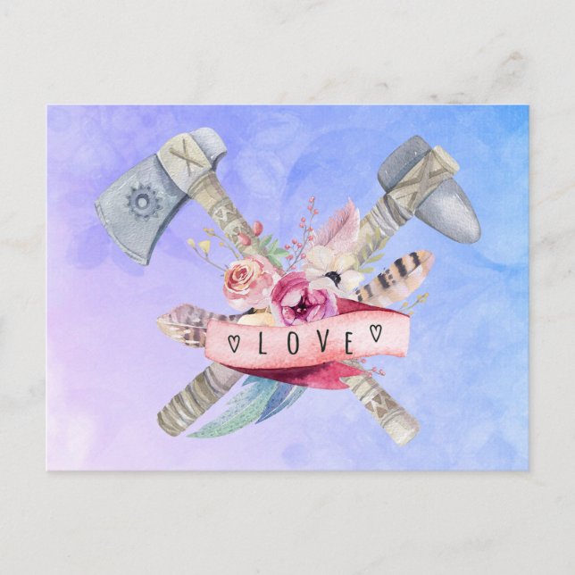 Tomahawk Hammer und Blume Aquarellgestaltung Postkarte (Vorderseite)