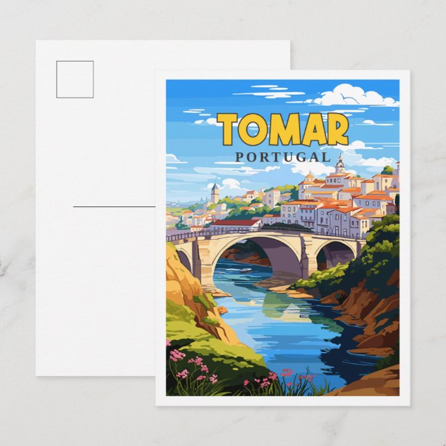 Tomar Portugal Vintage Reise Illustration Postkarte (Vorne/Hinten)