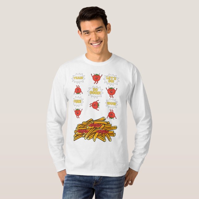 Tomaten, die auf gebratene Kartoffeln springen, Ca T-Shirt (Vorne ganz)